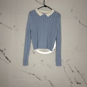 Crave Fame Women's XL Baby Blue Cable Knit Sweater w/ White Collar